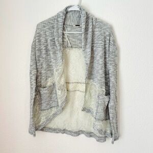 Miss Me Cardigan Women’s M Gray Lace Open Front Long Sleeve Sweater